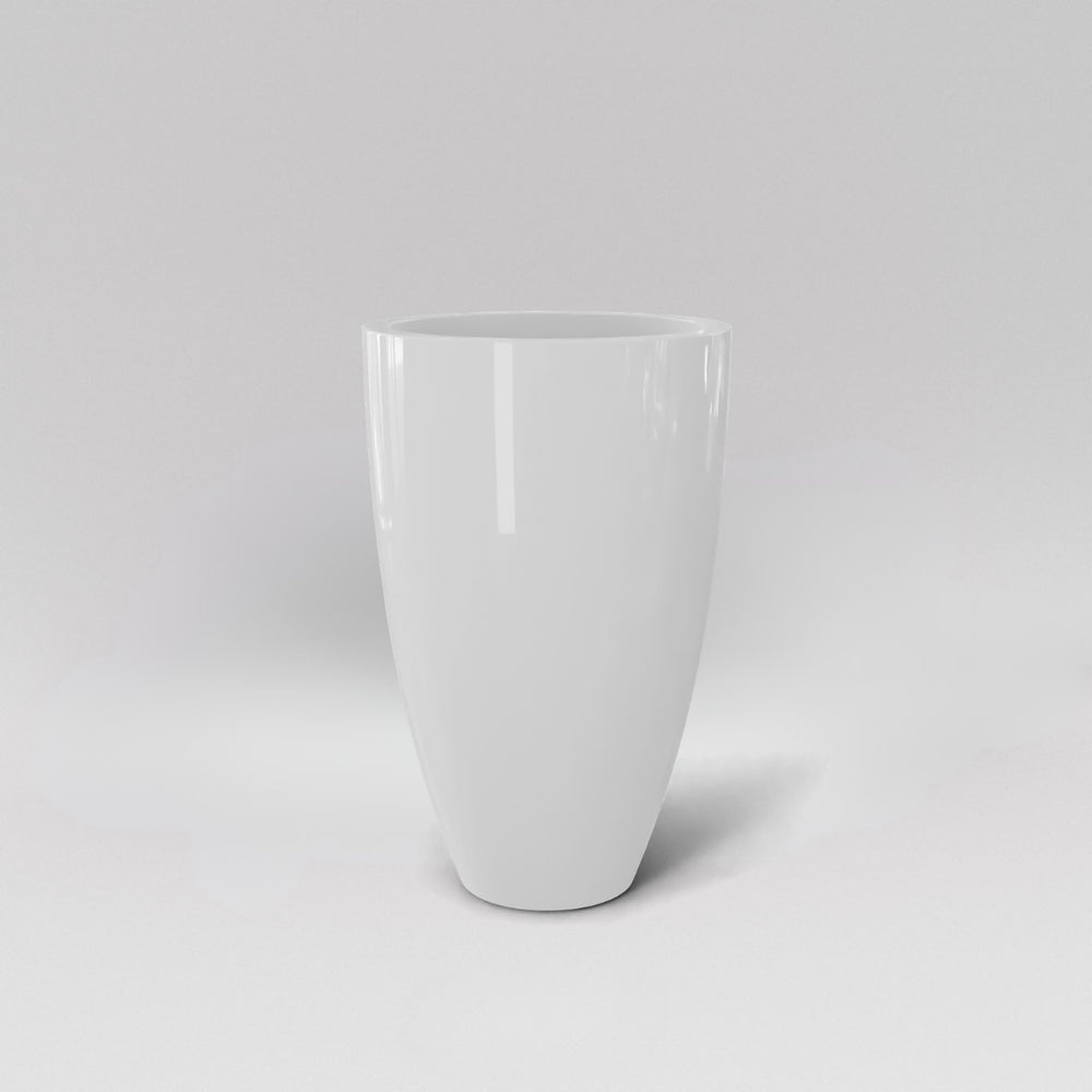 Brannan Tapered Round Fiberglass Planter in gloss bright white against gray background.