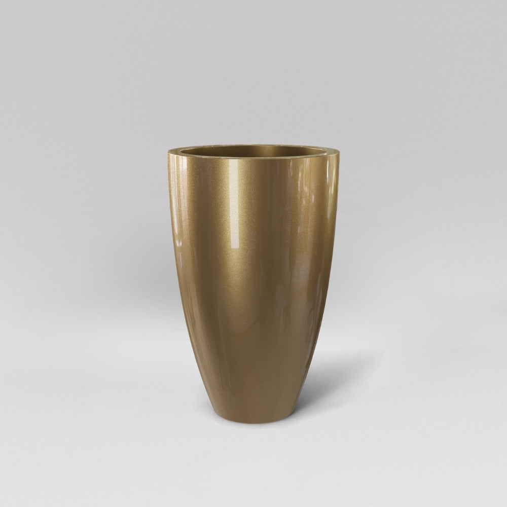 Brannan Tapered Round Fiberglass Planter in gloss metallic gold against gray background.