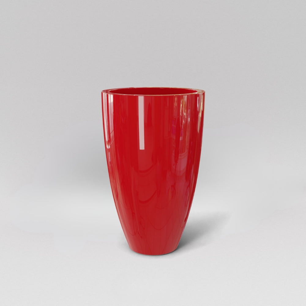 Brannan Tapered Round Fiberglass Planter in gloss red against gray background.
