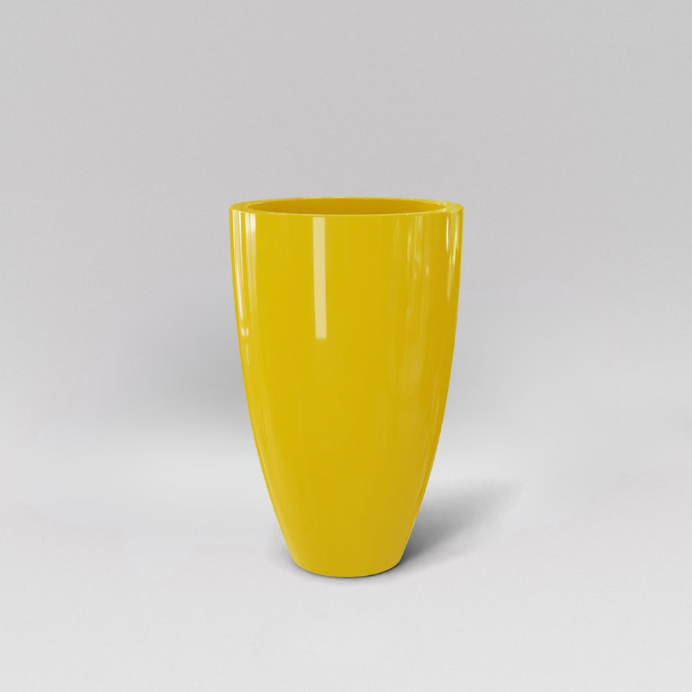 Brannan Tapered Round Fiberglass Planter in gloss saffron against gray background.
