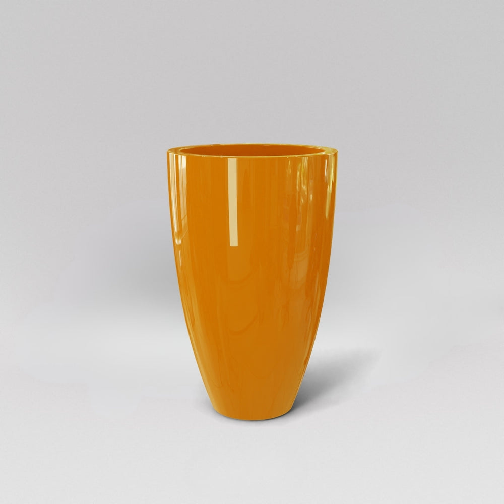 Brannan Tapered Round Fiberglass Planter in gloss tangerine against gray background.