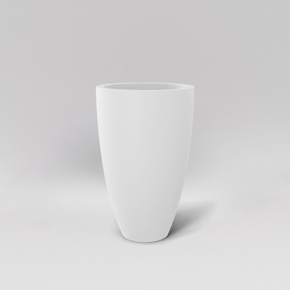 Brannan Tapered Round Fiberglass Planter in matte bright white against gray background.