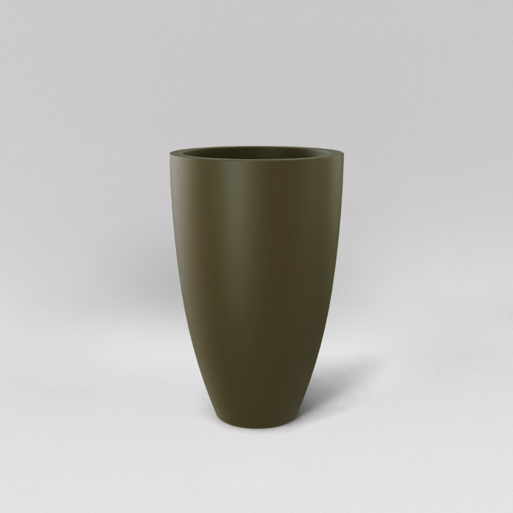 Brannan Tapered Round Fiberglass Planter in matte bronze against gray background.