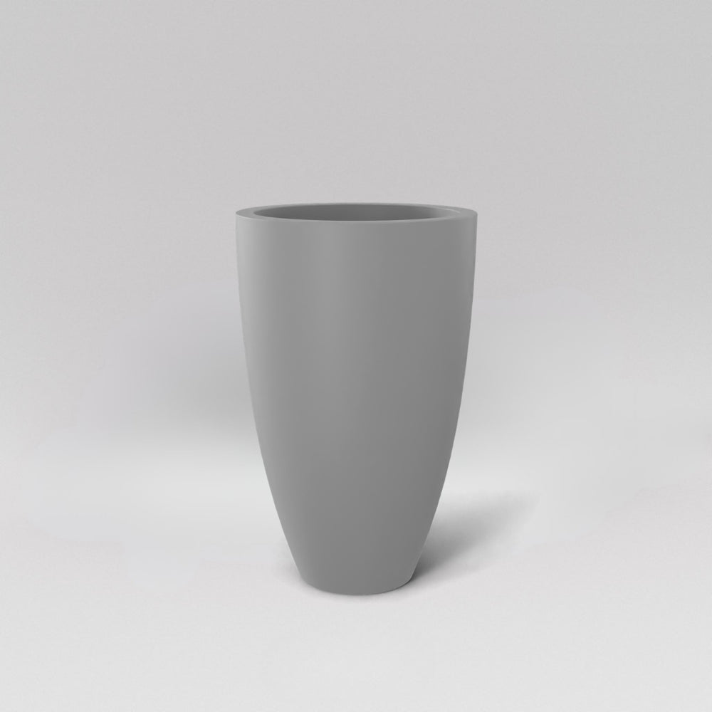 Brannan Tapered Round Fiberglass Planter in matte cement grey against gray background.