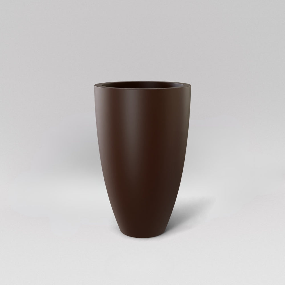 Brannan Tapered Round Fiberglass Planter in matte dark brown against gray background.
