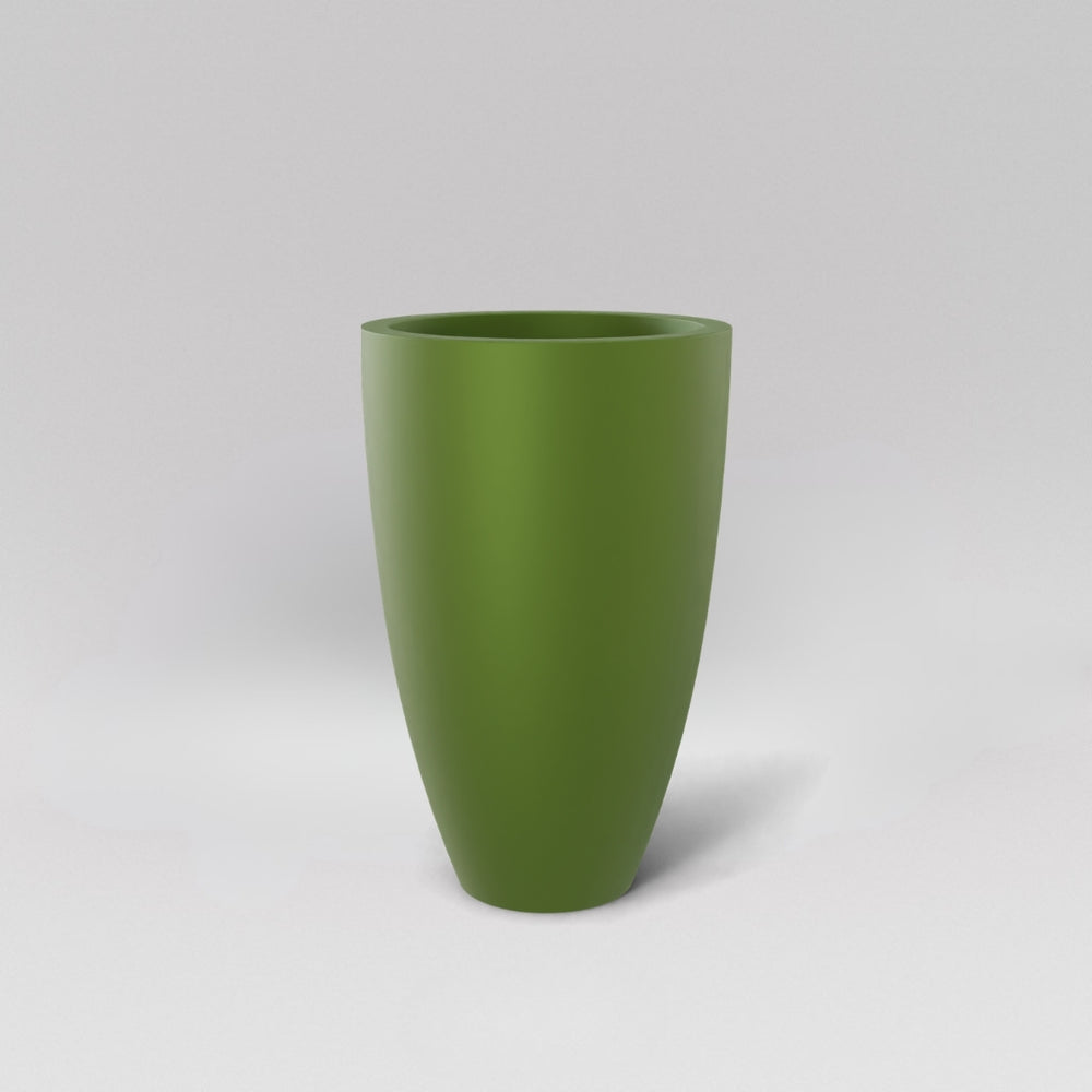 Brannan Tapered Round Fiberglass Planter in satin green against gray background.