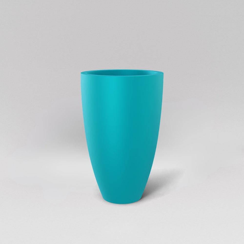Brannan Tapered Round Fiberglass Planter in satin seafoam green against gray background.