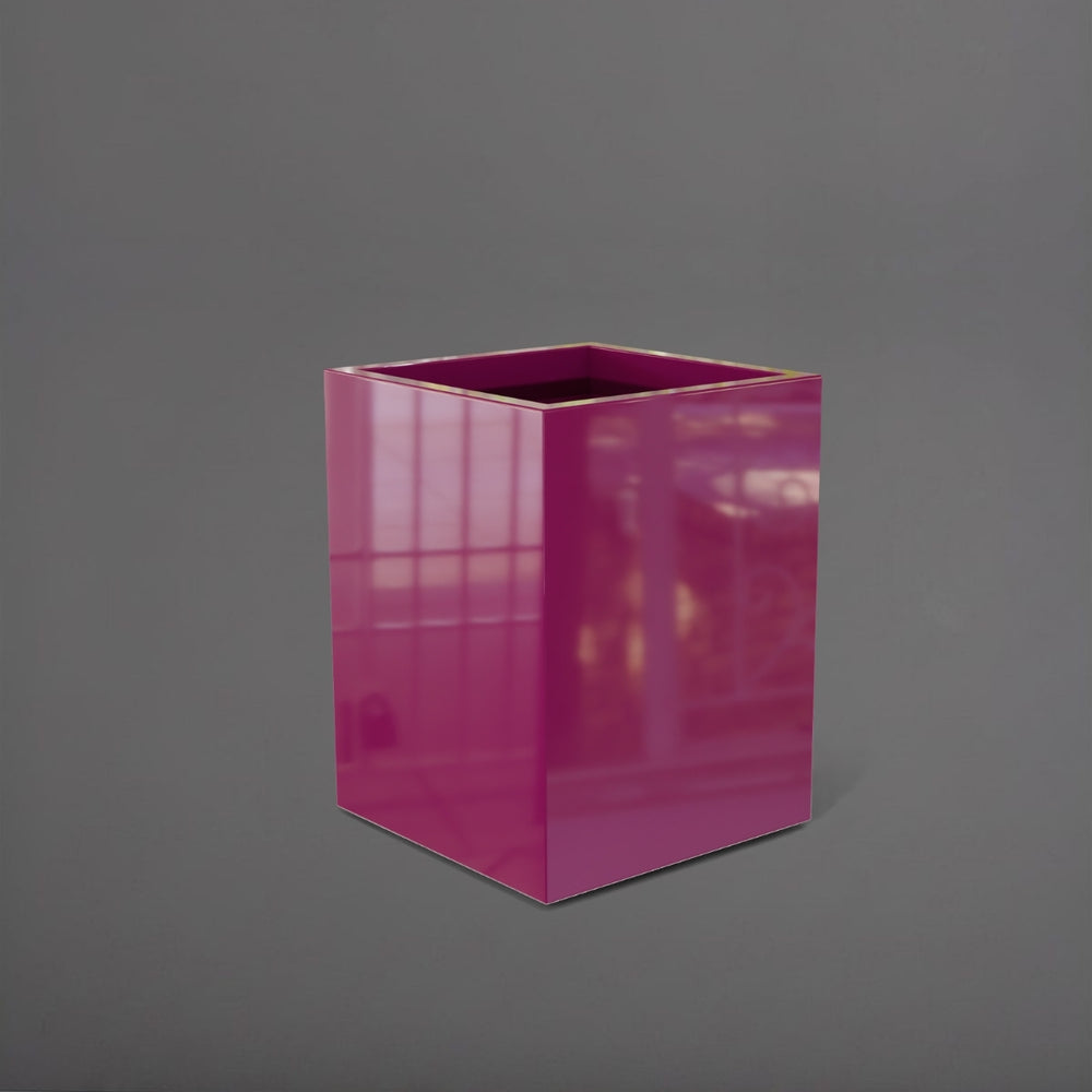 Brisane Tall Corner Fiberglass Planter in gloss eggplant against gray background.