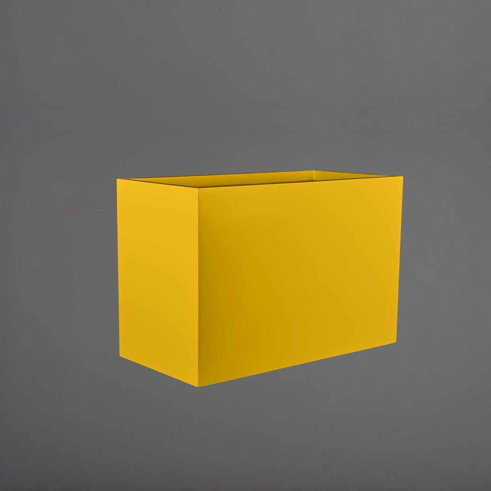 Brisbane Wide Rectangle Fiberglass Planter in gloss saffron against gray background.