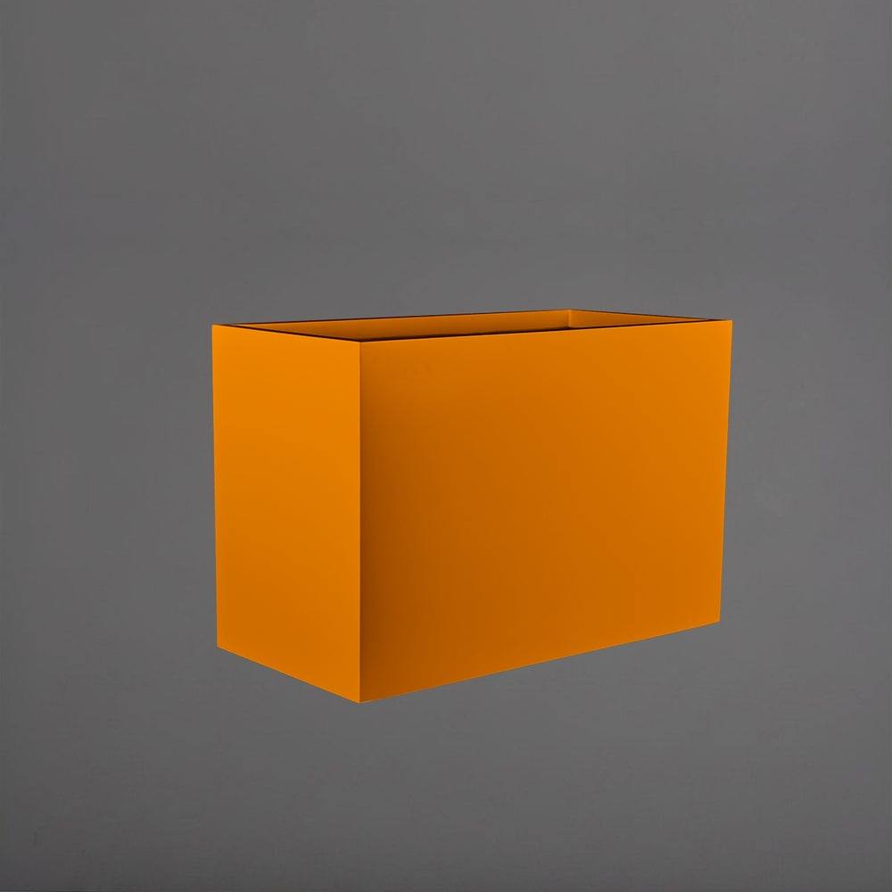 Brisbane Wide Rectangle Fiberglass Planter in gloss tangerine against gray background.