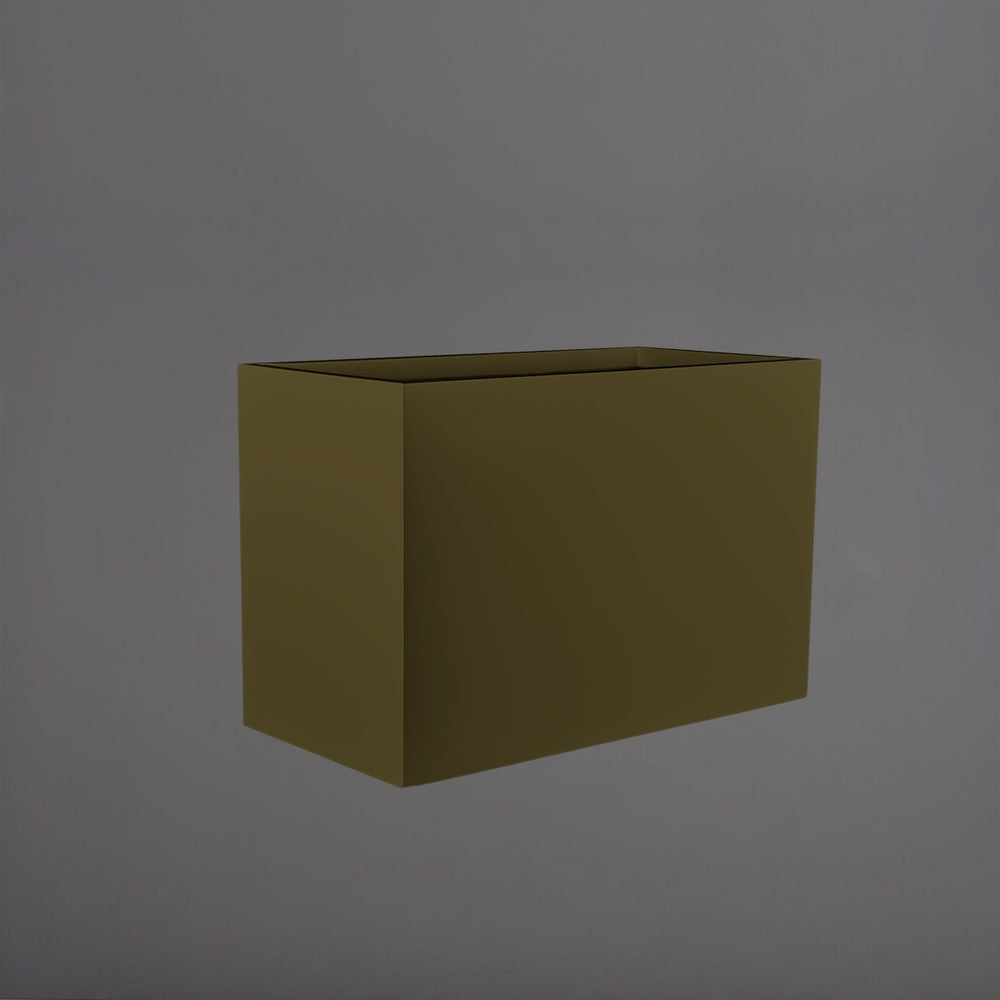 Brisbane Wide Rectangle Fiberglass Planter in matte bronze against gray background.