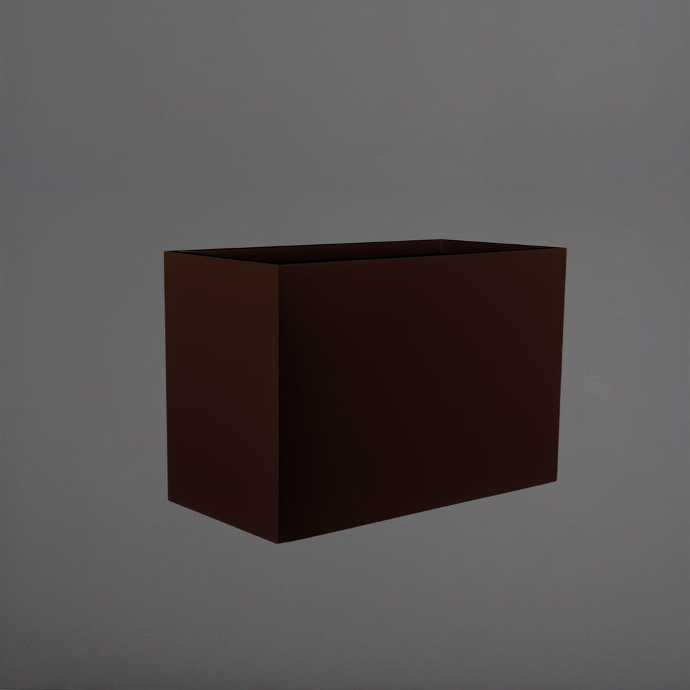 Brisbane Wide Rectangle Fiberglass Planter in matte dark brown against gray background.