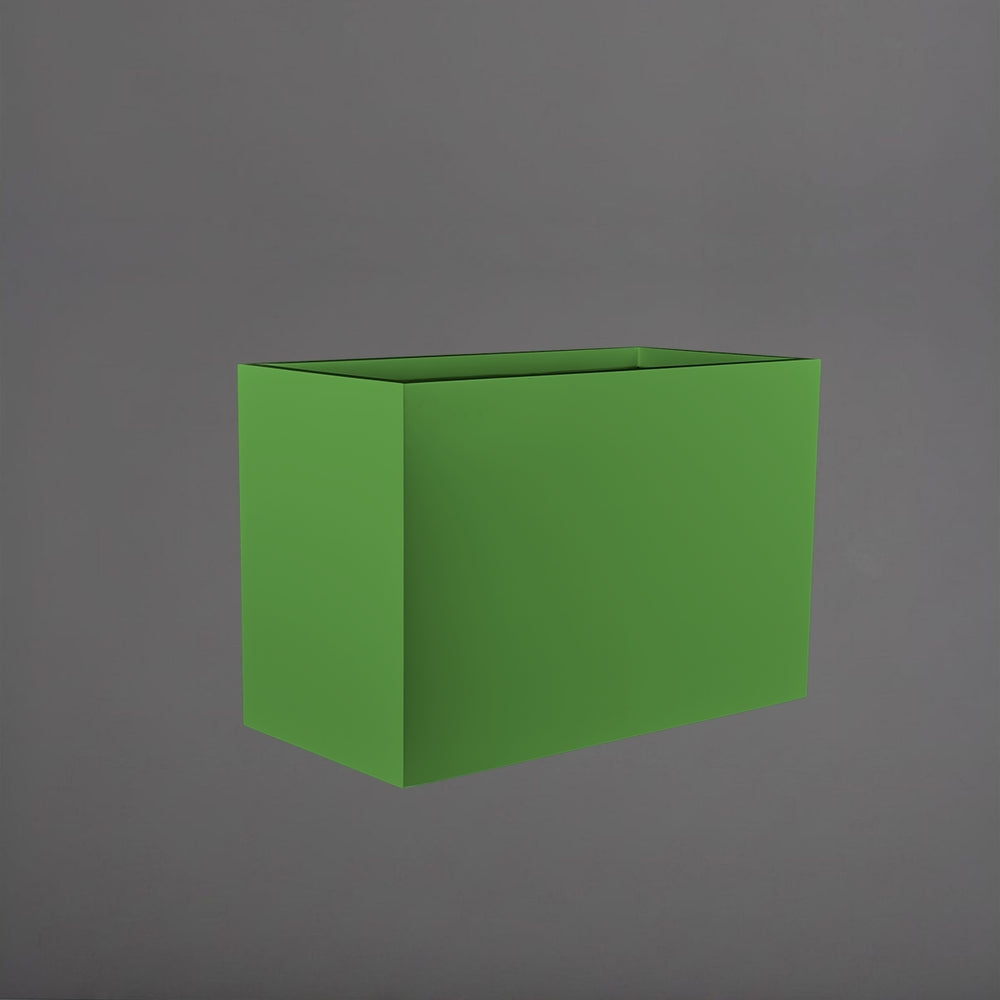 Brisbane Wide Rectangle Fiberglass Planter in satin green against gray background.