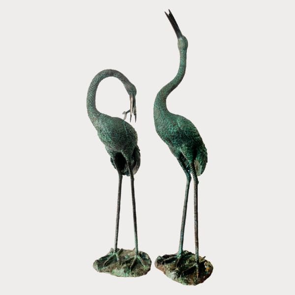 Bronze Crane Fountain Sculpture pair against gray background