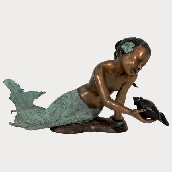 Bronze Girl Mermaid holding Shell Sculpture | Metropolitan Galleries ...