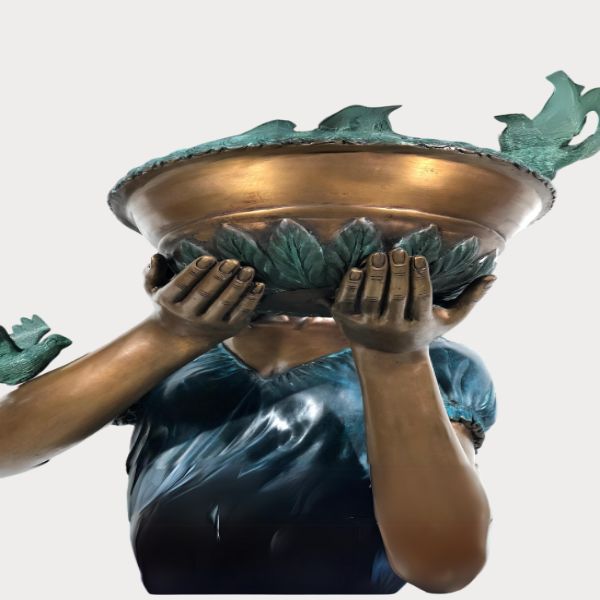 Bronze Girl with birdbath fountain sculpture  upclose