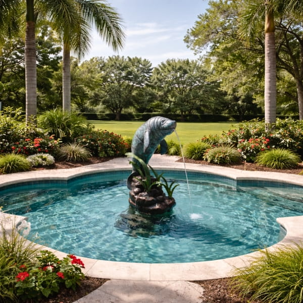 Bronze Manatee Fountain Sculpture in action at the center of the swimming pool.