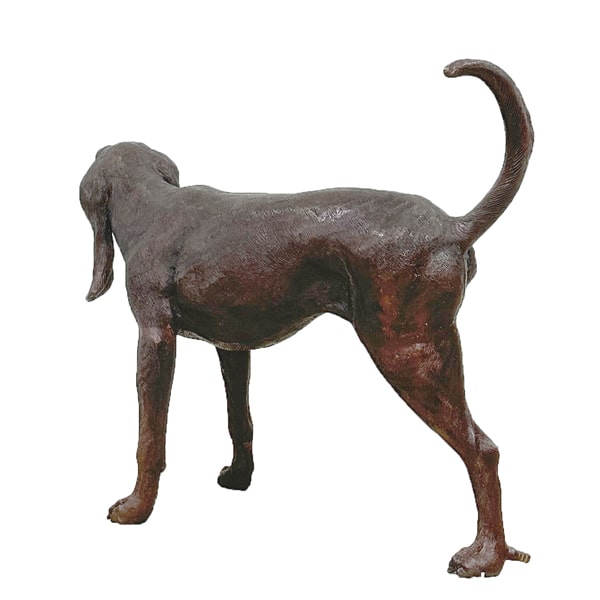 Bronze Peeing Dog Fountain Sculpture against white background backview