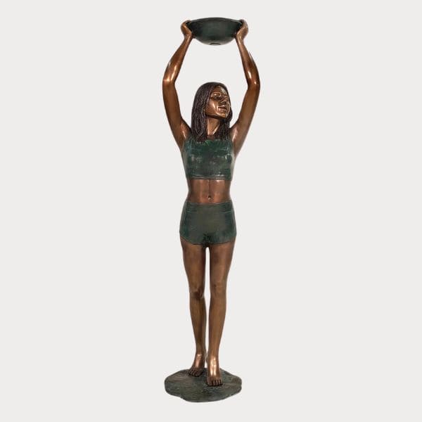 Bronze Standing Lady Fountain Sculpture against gray background