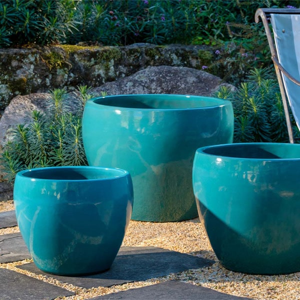 Cabachon Planter - Agave - S/3 on gravel in the backyard