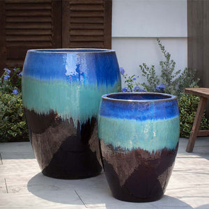 Cabana Planter - Running Blue Brown - S/2 on concrete in the backyard