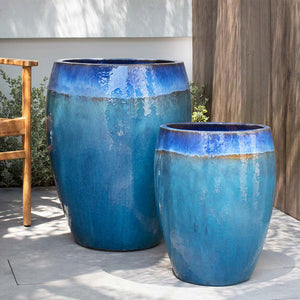 Cabana Planter - Running Blue - S/2 on concrete in the backyard