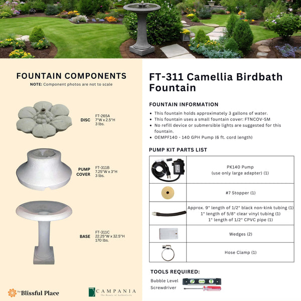 Complete overview of the Camellia Birdbath Fountain with dimensions, weights, pump kit parts, tools, and general info.
