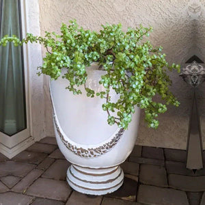 Campania Anduze Urn Planter antique white on brick patio filled with plants