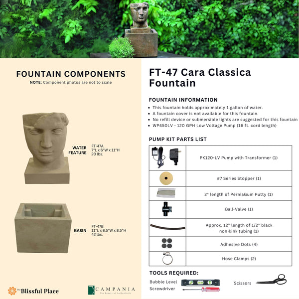 Complete overview of the Cara Classica Fountain with dimensions, weights, pump kit parts, tools, and general info.
