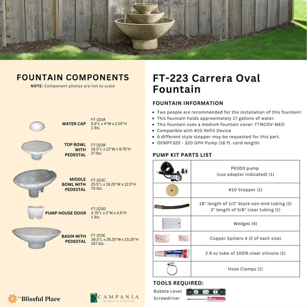 Complete overview of the Carrera Oval Fountain with dimensions, weights, pump kit parts, tools, and general info.
