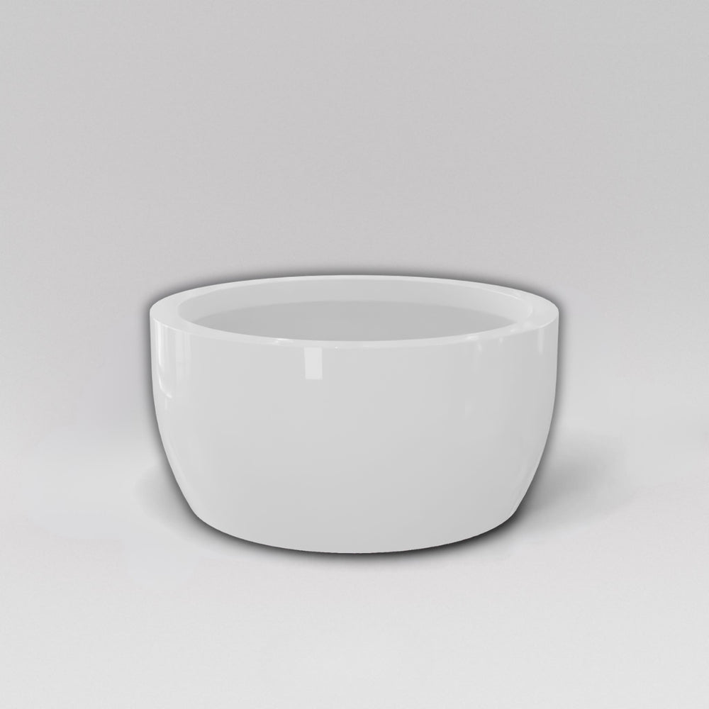 Casablanca Bowl Fiberglass Planter in gloss bright white against gray background.