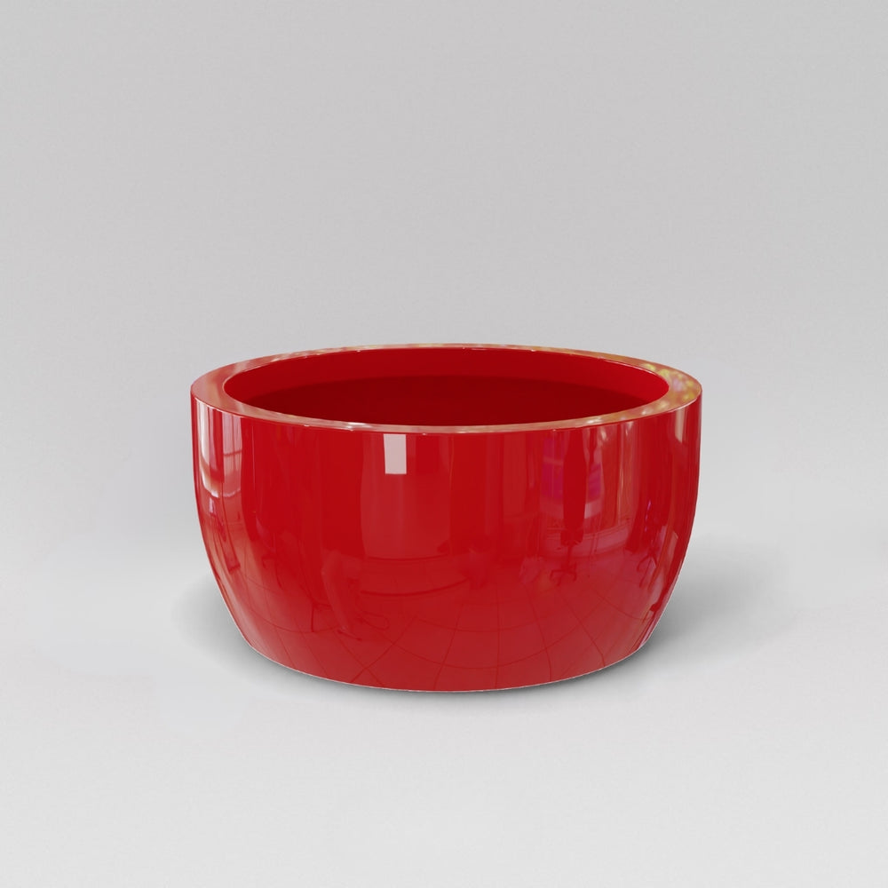 Casablanca Bowl Fiberglass Planter in gloss red against gray background.
