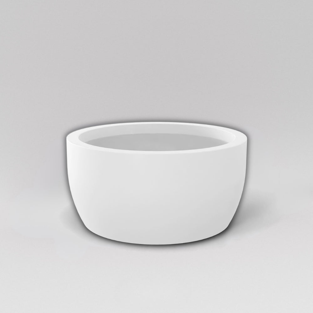 Casablanca Bowl Fiberglass Planter in matte bright white against gray background.