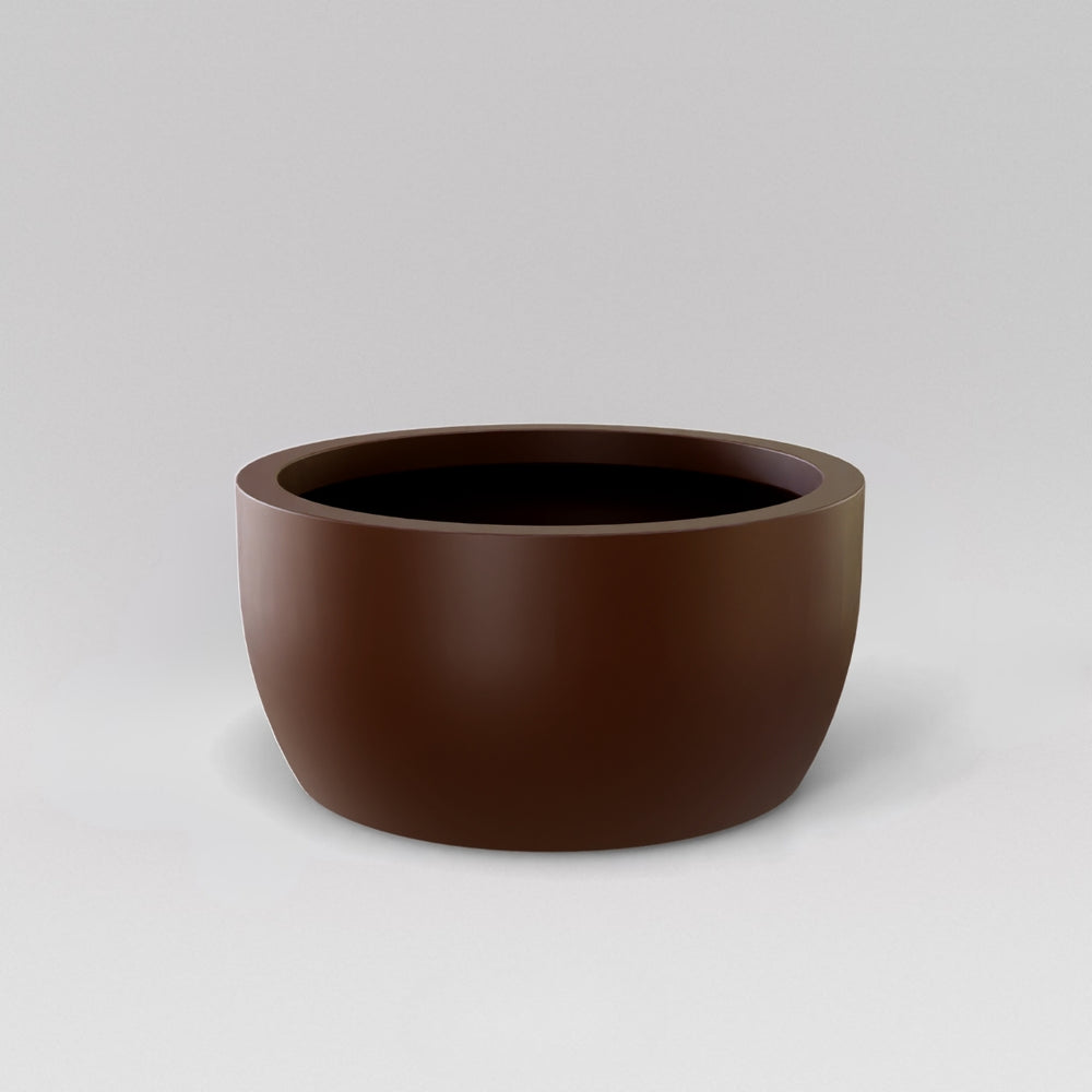Casablanca Bowl Fiberglass Planter in matte dark brown against gray background.
