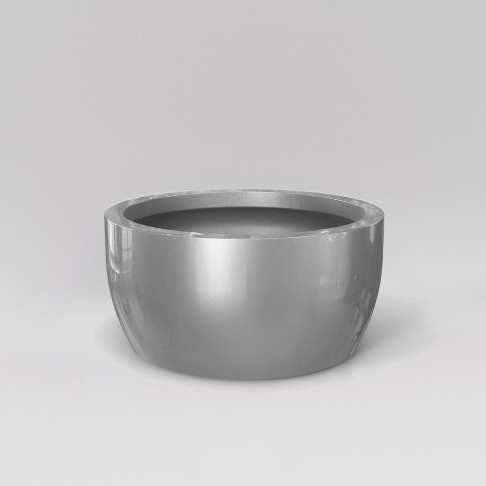 Casablanca Bowl Fiberglass Planter in metallic silver against gray background.