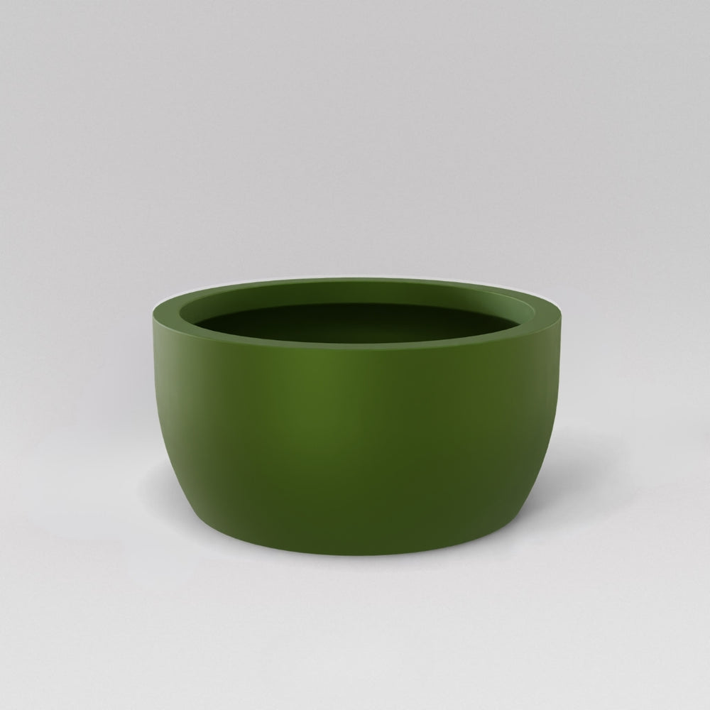 Casablanca Bowl Fiberglass Planter in satin green against gray background.