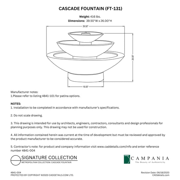 CAD drawing of the Cascade Fountain with dimensions, weight, and manufacturer notes.