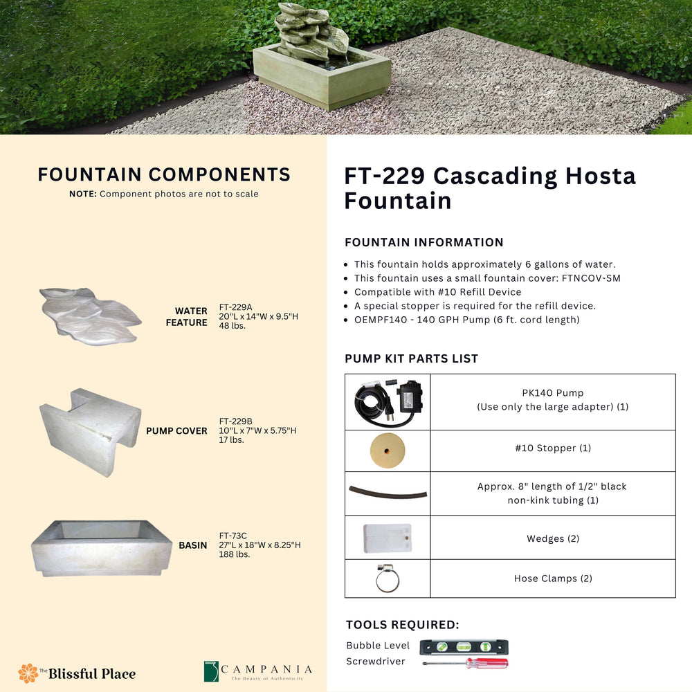 Complete overview of the Cascading Hosta Fountain with dimensions, weights, pump kit parts, tools, and general info.