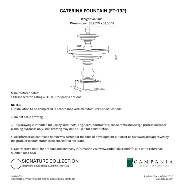 CAD drawing of the Caterina Fountain with dimensions, weight, and manufacturer notes.