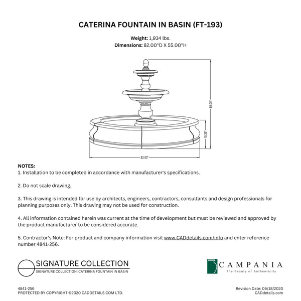 CAD drawing of the Caterina Fountain in Basin with dimensions, weight, and manufacturer notes.