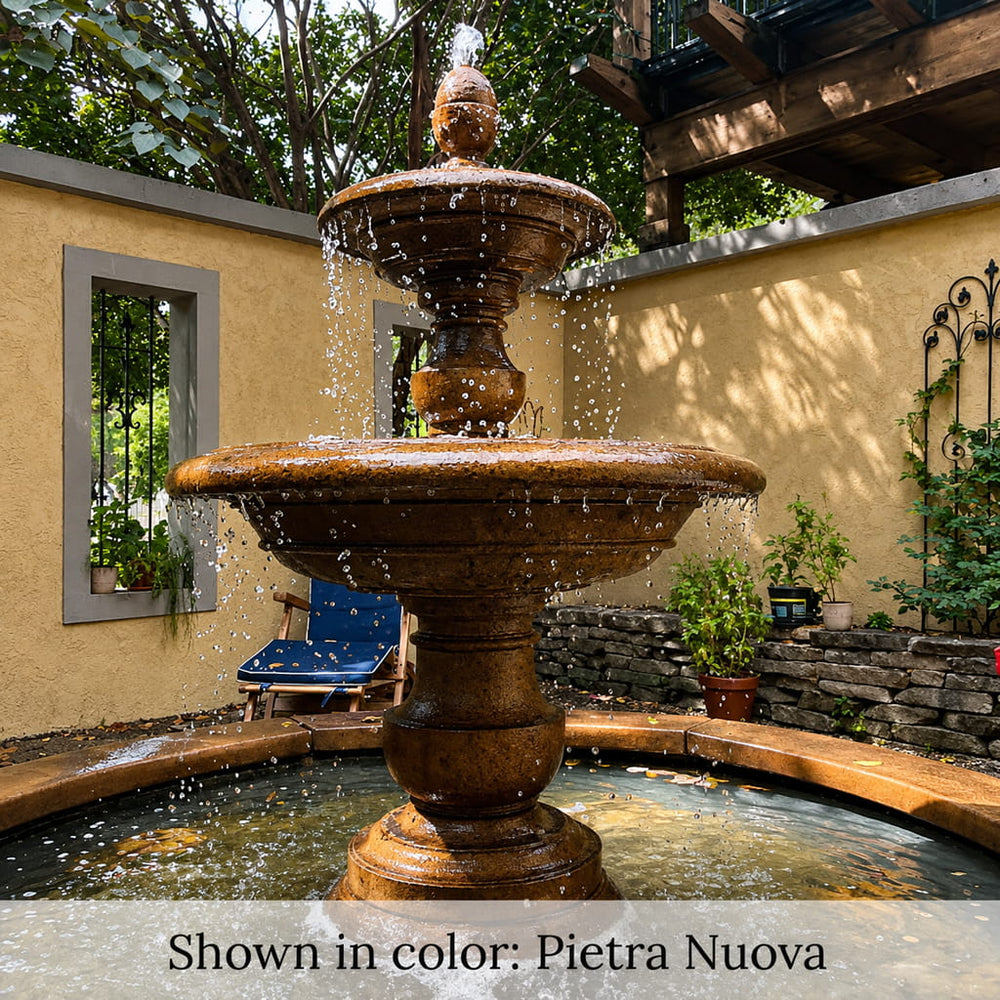 Caterina Fountain in Basin in Nero Nuovo in action in the backyard upclose.