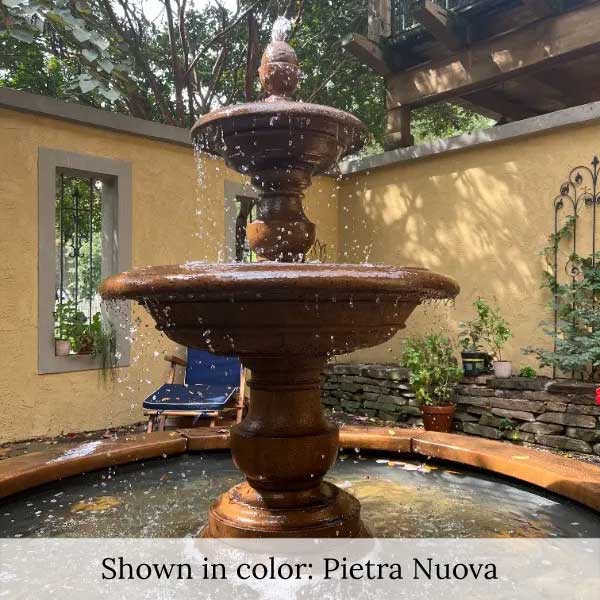 Caterina Fountain in Basin in Nero Nuovo in action in the backyard upclose.