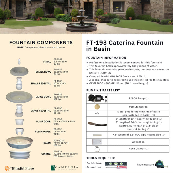 Info sheet for the Caterina Fountain in Basin listing components, dimensions, weights, pump parts, and required tools.