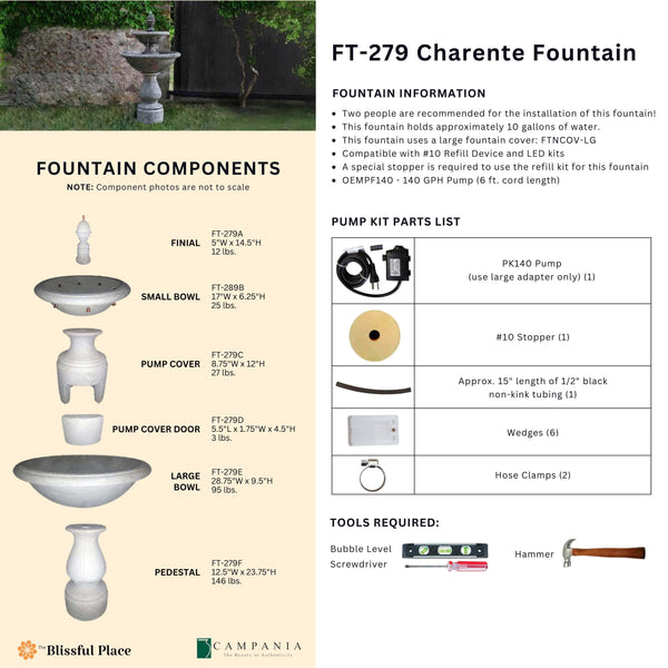 Complete overview of the Charente Fountain with dimensions, weights, pump kit parts, tools, and general info.