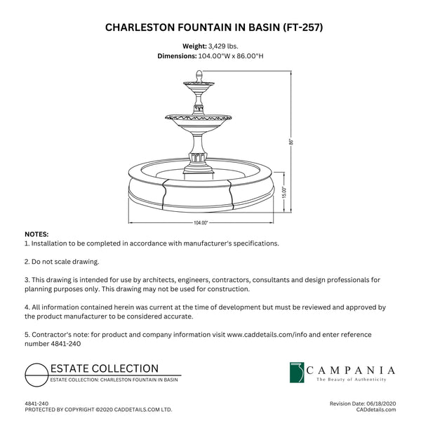 CAD drawing of the Charleston Fountain in Basin with dimensions, weight, and manufacturer notes.