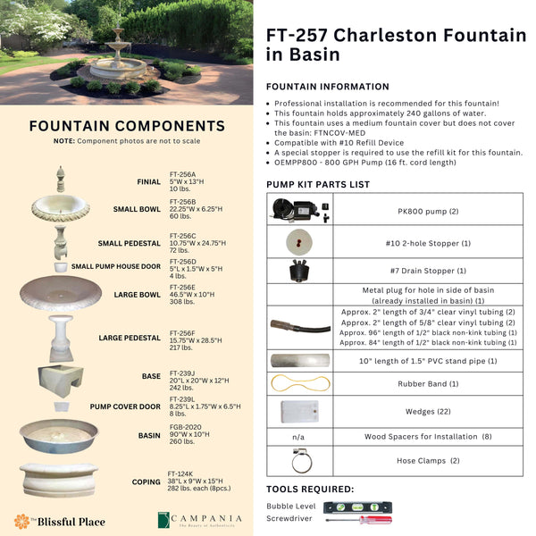 Info sheet for the Charleston Fountain in Basin listing components, dimensions, weights, pump parts, and required tools.