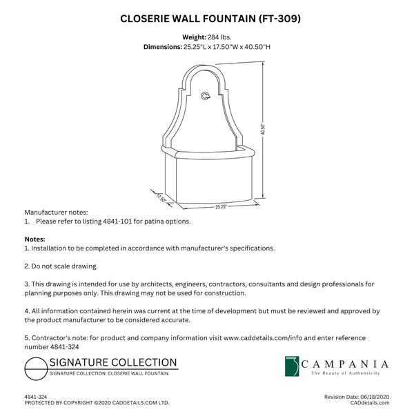 CAD drawing of the Closerie Wall Fountain with dimensions, weight, and manufacturer notes.