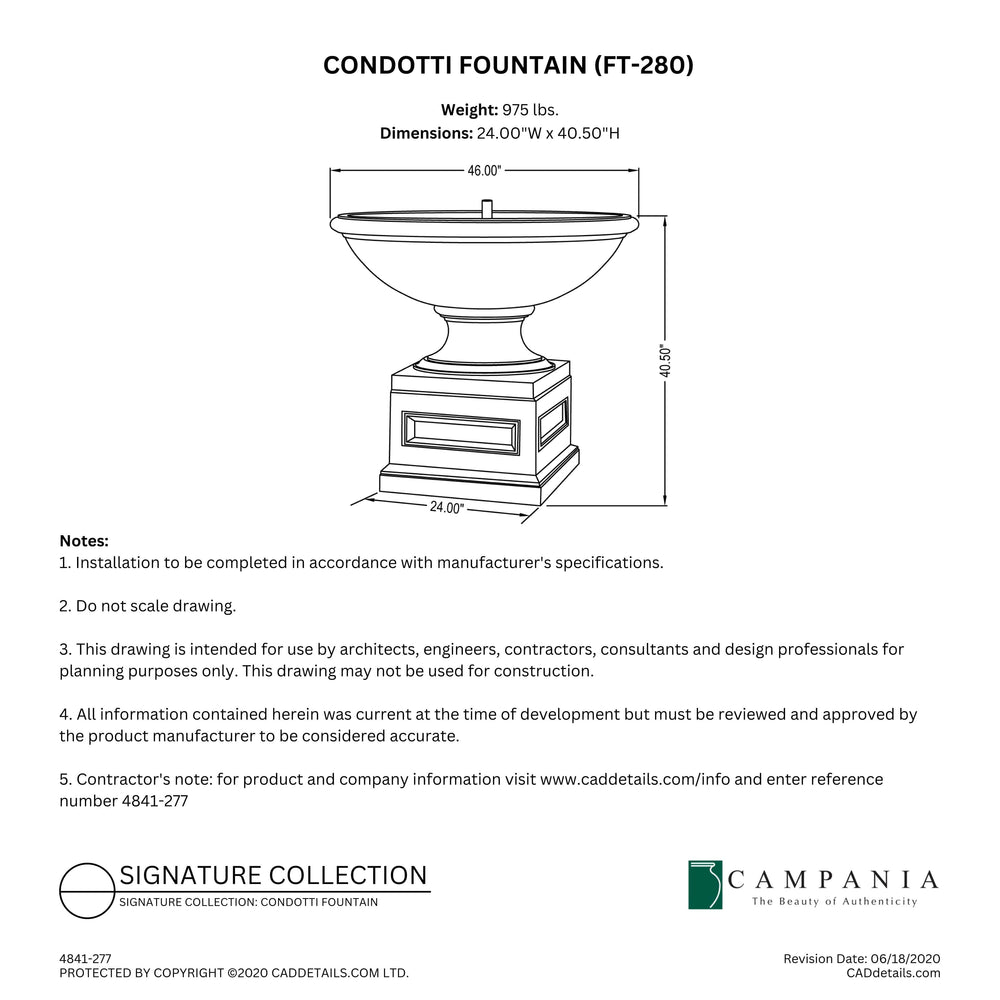 CAD drawing of the Condotti Fountain with dimensions, weight, and manufacturer notes.