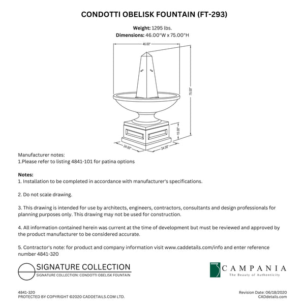 CAD drawing of the Condotti Obelisk Fountain with dimensions, weight, and manufacturer notes.