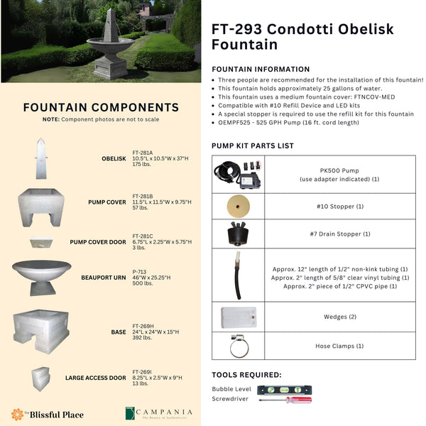 Complete overview of the Condotti Obelisk Fountain with dimensions, weights, pump kit parts, tools, and general info.